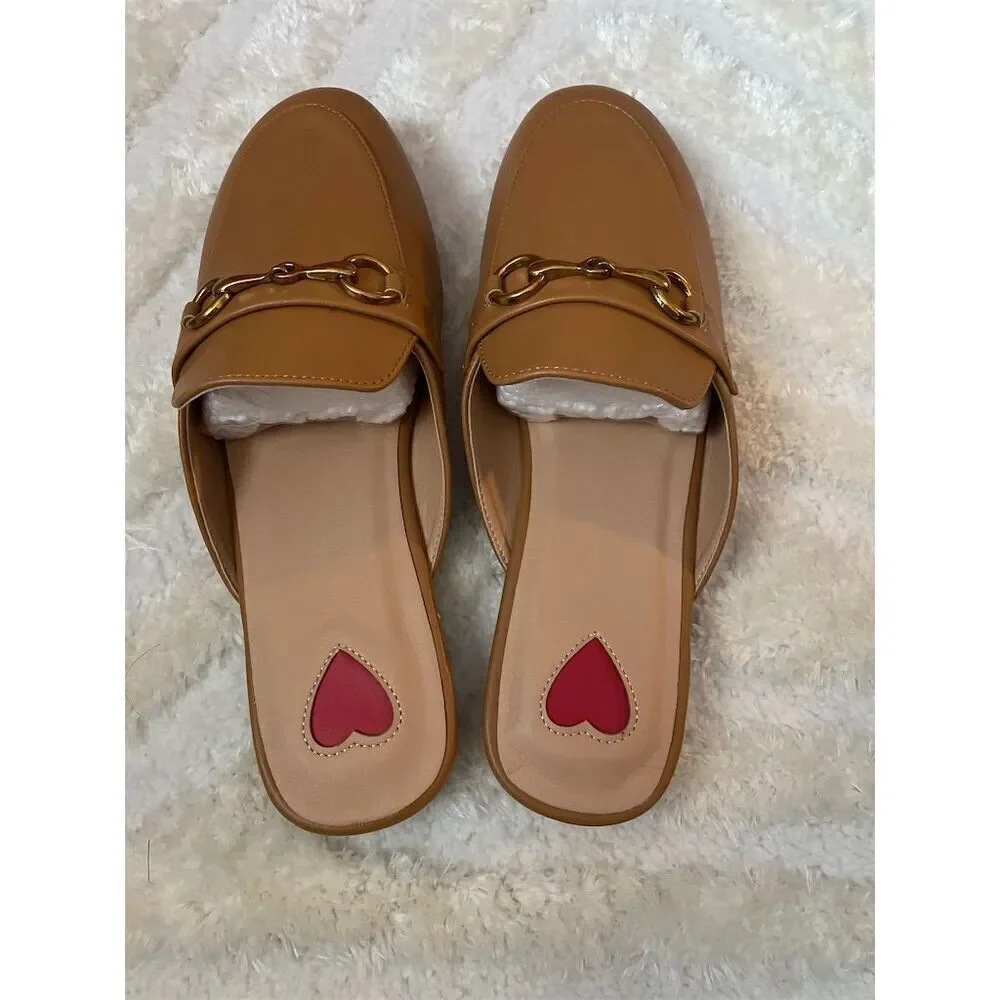 Women's Brown Leather Slip-On Mules Size 7.5 w/ Buckle & Heart Accent - Picture 4 of 8